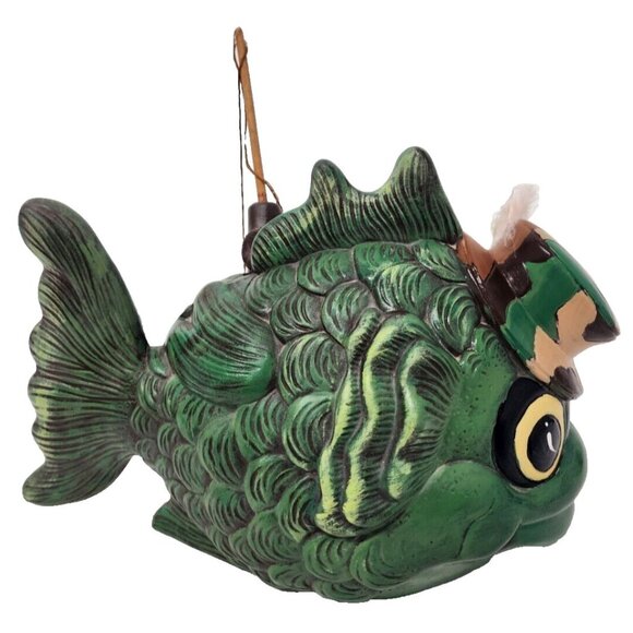 Vintage Large Ceramic Green Fish Statue Camo Hat Fishing Pole Kitschy Whimsical - Picture 1 of 9